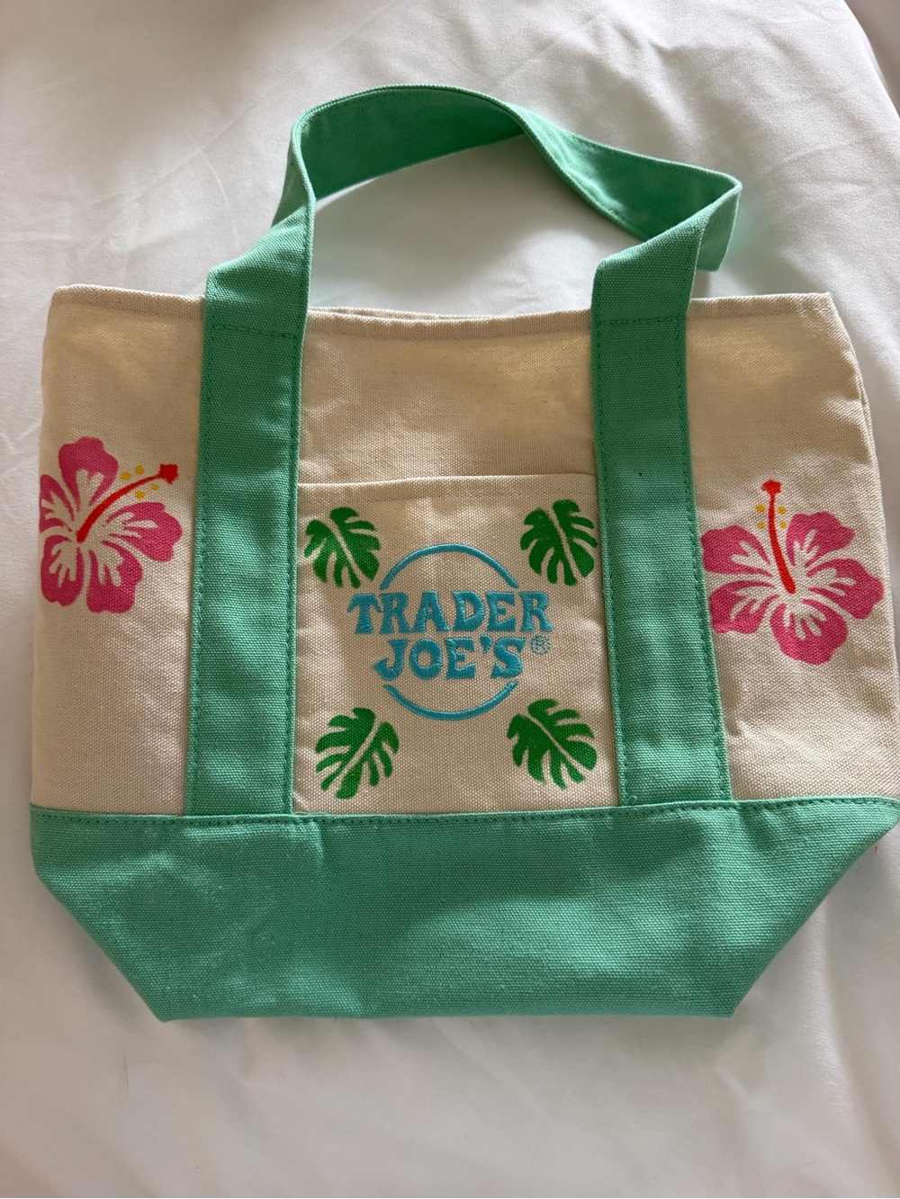 Canvas Tote Bag in Natural and Green with Pink Hibiscus